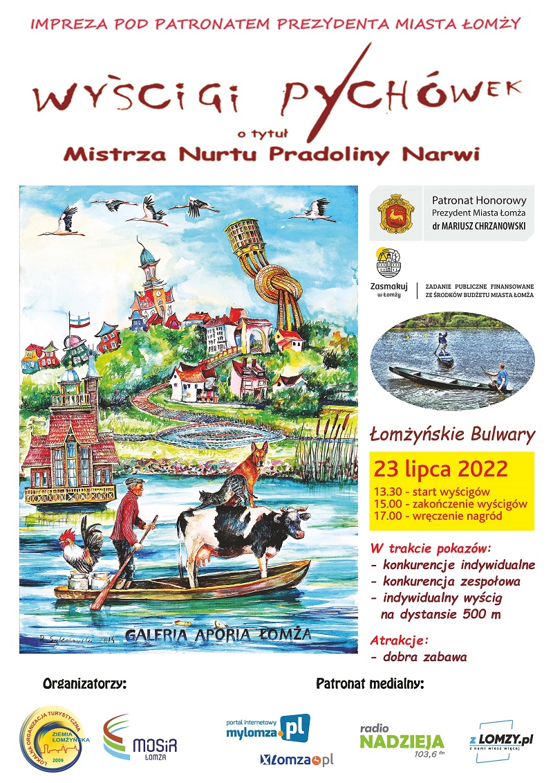 plakat przedstawiający rysunek sbtrakcyjny widoku na Narew i Łomżę, zieleń, zwierzęta